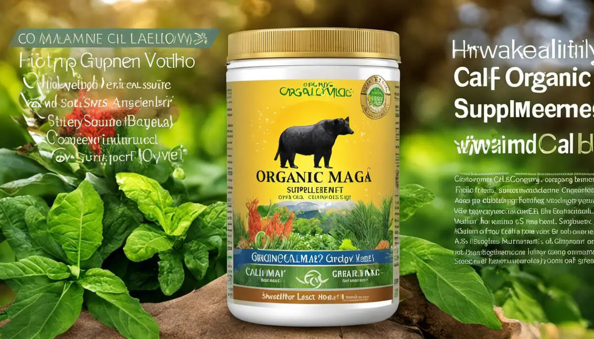 Bottle of organic Cal Mag supplements with natural ingredients listed